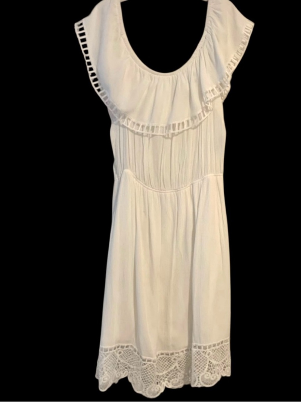 Dex White & Embroidered Lace Boho  Peasant Dress Sundress Stretch Women’s Size L